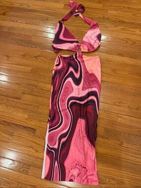 Farai London Pink Swirl Cutout Halter Maxi Dress